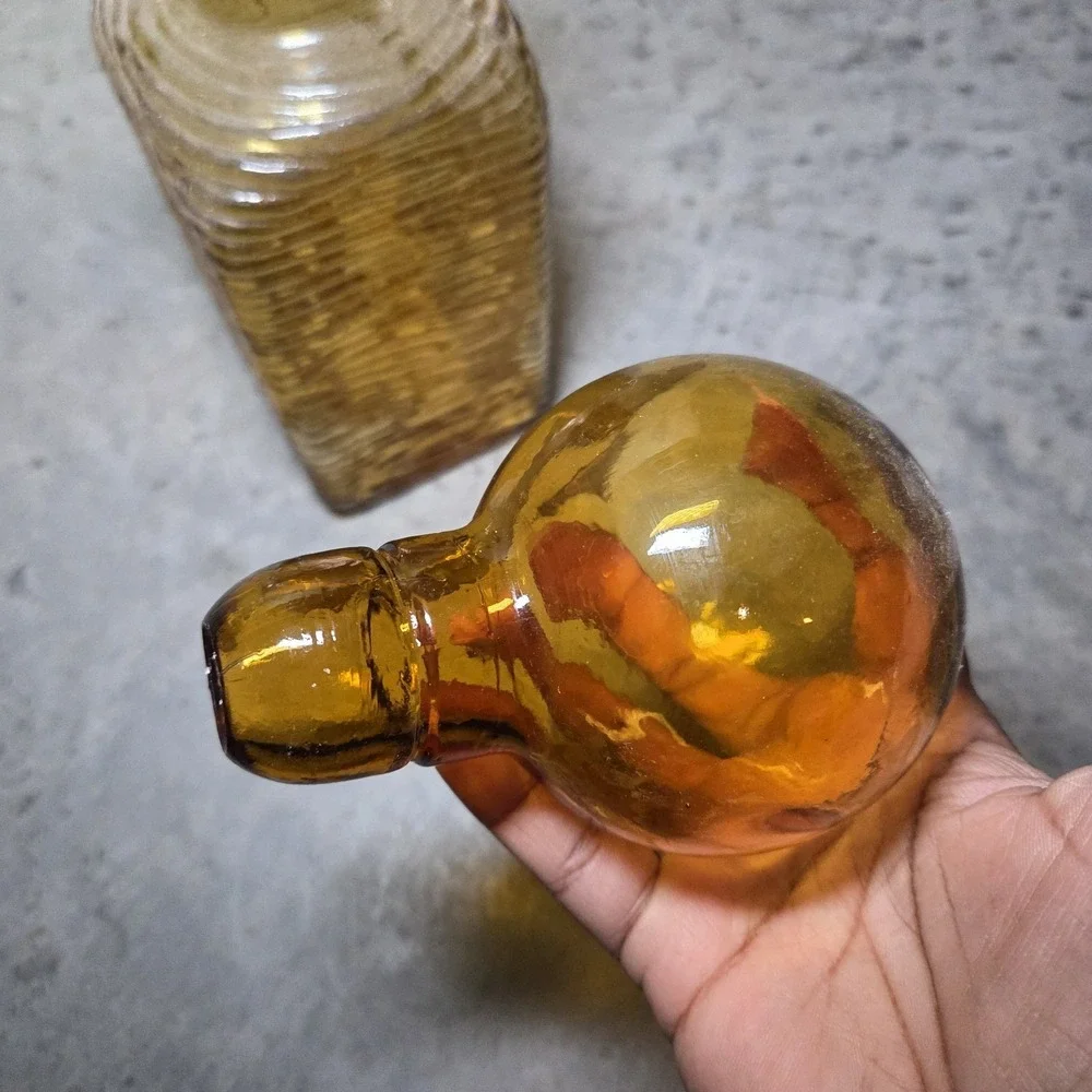 Vintage Amber Glass Decanter with Ball‎ Stopper Ribbed Square Bottle